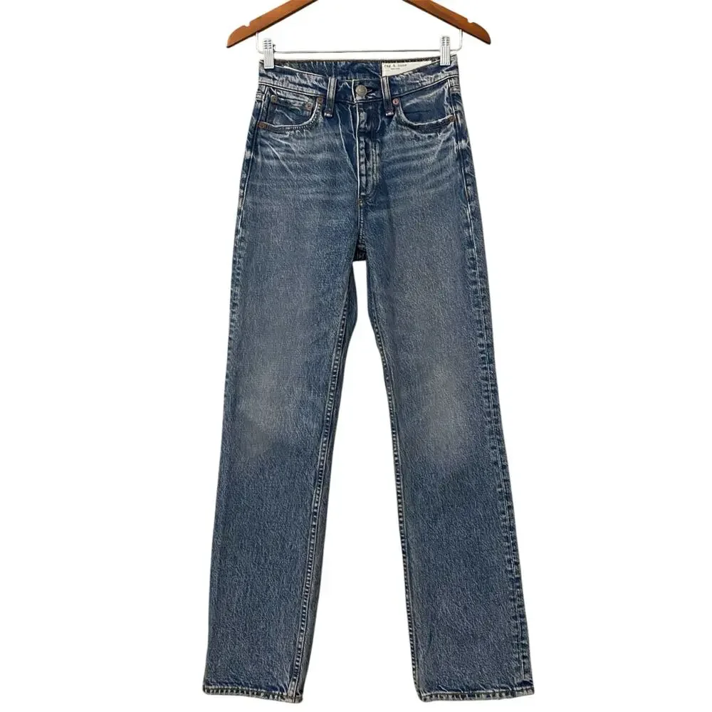 Rag & Bone Alex High Rise Straight Jean US 24 Mid Blue Wash Denim 100% Cotton